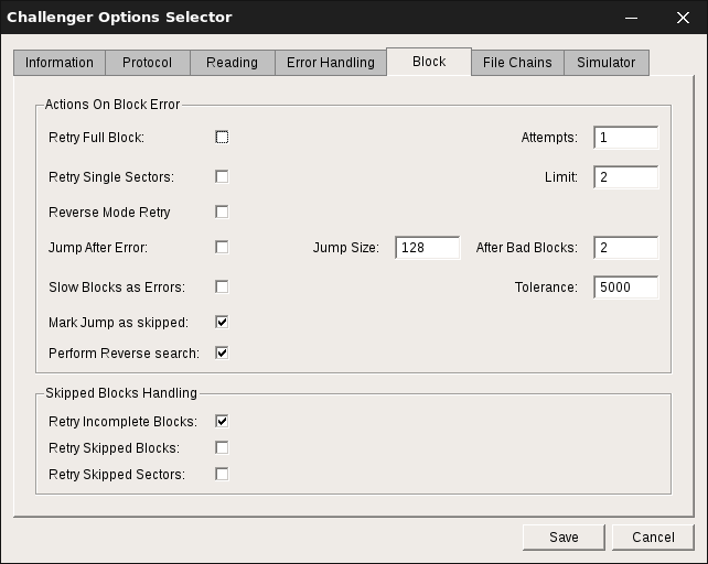 Challenger Rocket block options screen