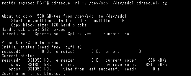 example of ddrescue terminal